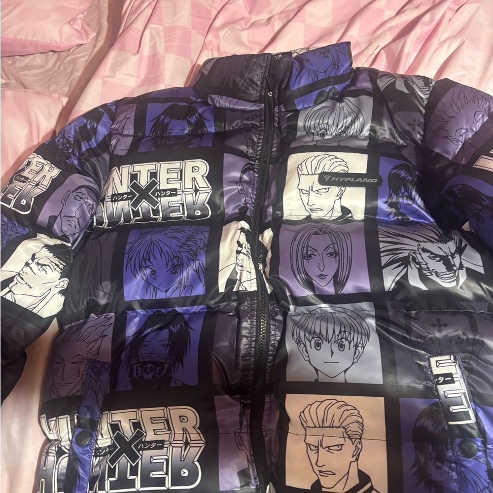 Anime Graphic Puffer Jacket - Black and Purple